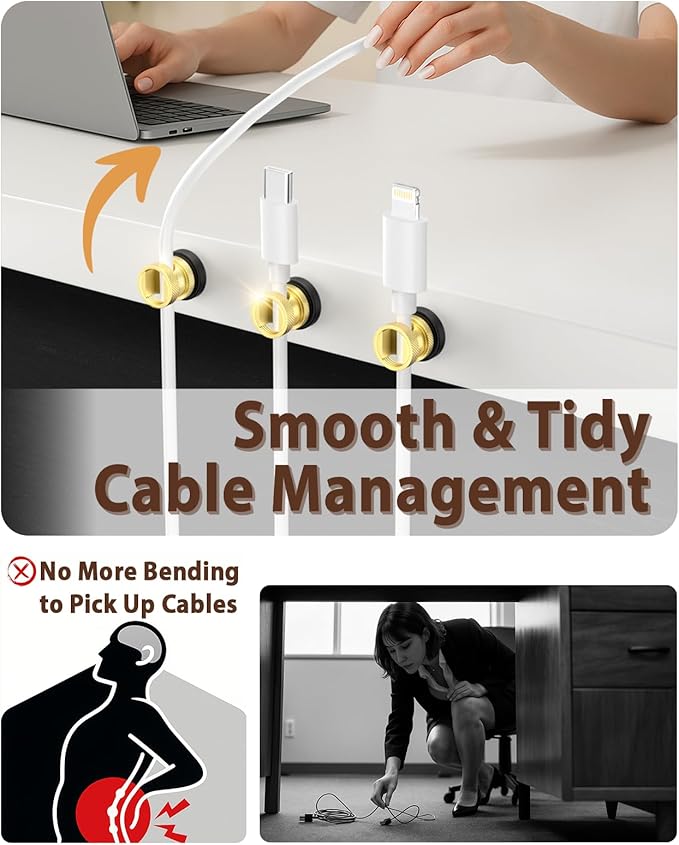 Viaky Magnetic Cord Holder,Gold Magnetic Cable Clip,Metal Cord Holder for Nightstand,Magnetic Cable Management Stainless Steel Magnetic Cord Organizer for Bedside Table Car Office Desk(3 Pack)