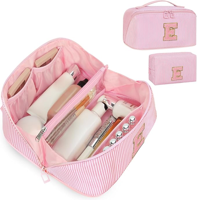 Initial Makeup Bag, Portable Water-resistant Monogram Cosmetic Bag Set, Travel Toiletry Bag with Brush Holder, Personalized Gifts for Friend Teacher Mom Wife, Pink E