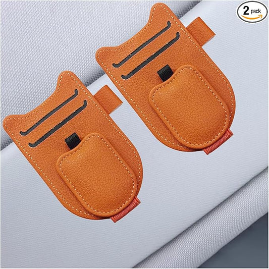 2PCS Sunglass Holder for Car Sun Visor, Magnetic Leather Vehicle Glasses Eyeglass Mount & Ticket Card Clip, Automotive Interior Visor Accessories, Universal for Sedan SUV Truck (Orange)
