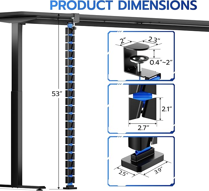 ARES WING Under Desk Cable Management Spine, Clamp On Vertebrae Cable Management for Standing Desk, Length Adjustable Cord Organizer with 20 Modular Vertebrae for Office and Gaming Desks, Blue