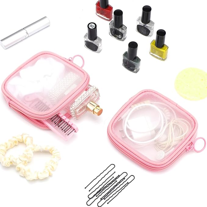Weewooday 4 Pcs Mesh Makeup Bag Mesh Cosmetic Bag Travel Toiletry Pouch with Zipper Mini Makeup Cosmetic Purse for Daily Accessory(Small,Pink)