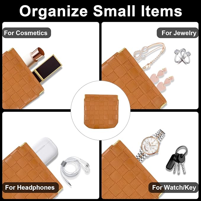 3Pcs Small Makeup Bag for Purse, Waterproof Portable Checkered Leather Makeup Pouch, Small Purse Pouches for Purse Small Coin Purse Organizer Pouches Snap Closure Pocket Cosmetic Bag for Women (Brown)