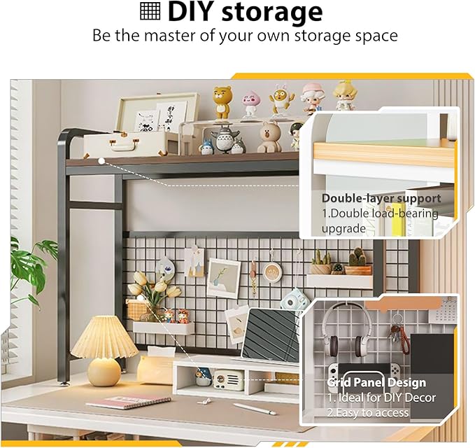 Desk Hutch, 37.4 in Desk Shelf for Top of Desk with Grid Panel, Desk Hutch Top Only, Over Desk Storage for Home, Office and Dorm