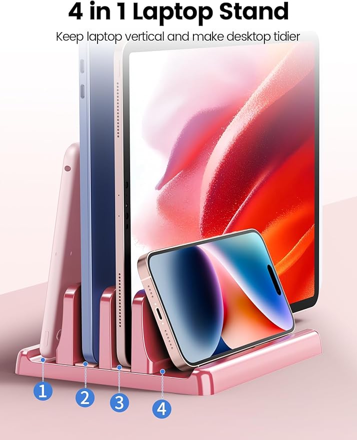 Vaydeer Vertical Laptop Stand for Desk, Dual Slots Plastic Laptop Holder with Space Saving 4-in-1 Design, Adjustable Laptop Stand Supports MacBook, Chromebook, Surface, Dell (Pink Rose)