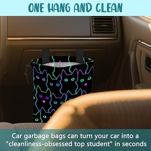 Car Trash Bag Cute Neon Cartoon Cat Leak-Proof Waterproof Car Garbage Bag with Drawstring Foldable Canvas Trash Bin with Adjustable Buckle for Car Accessories, Travelling, Camping