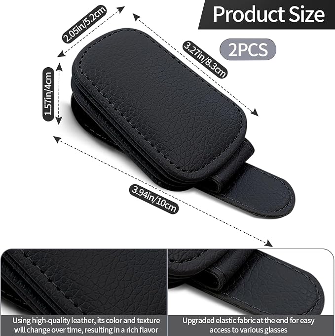 2-Pack Magnetic Sunglass Holder for Car Visor - Suede （Black） | Premium Suede Wrapped, Aluminum Core, Magnetic Grip, Clip to Visor, Holds Eyewear/Cards, Fits Most Vehicles