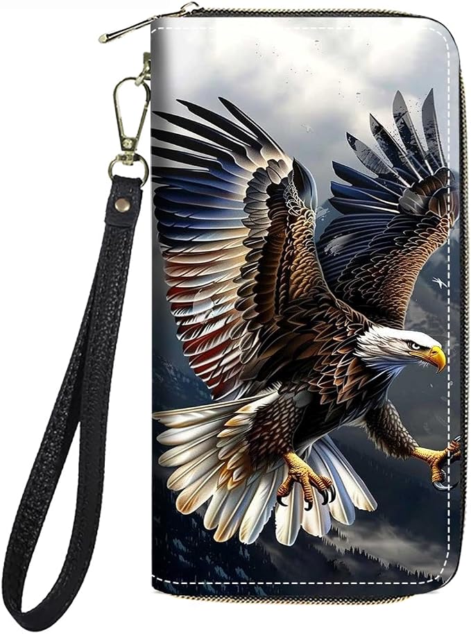 Women's Large Capacity Wallet PU Leather Zip Around Clutch Purse Multifunctional Wallet with Removable Wristlet Strap for Smart Phone/Coin/Card/Cash, Bald Eagle
