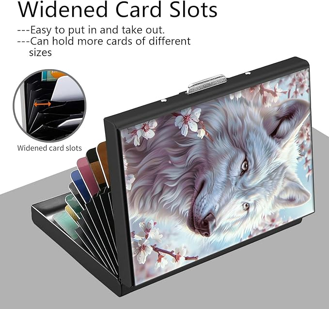 Credit Card Holder, Cute Wolf Design Mini RFID Blocking Aluminum Wallet Slim Metal Hard Case Shell Travel Wallet ID Case Small Credit Cards Case Business Cards for Women Men Girls