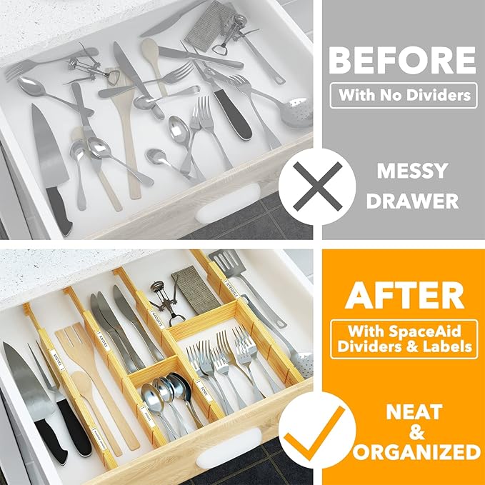SpaceAid Bamboo 13.25-17??Drawer Dividers (Need 2.35" Deep Drawer) Kitchen Adjustable Organizers, Expandable Organization for Home, Office, Dressers, 4 Dividers with 9 Inserts