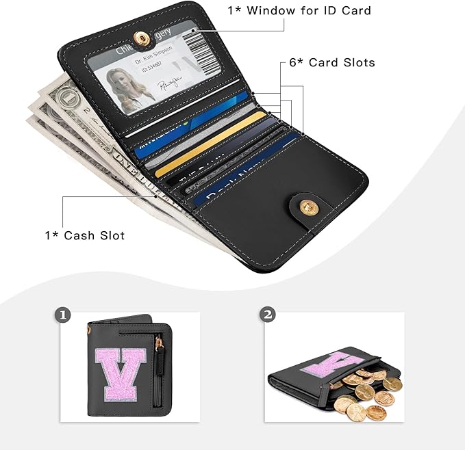 COSHAYSOO Mini Wallet with RFID Blocking Initial Monogrammed for Girls Birthday Valentines Easter Mothers Nurse Day Graduation Thanksgiving Appreciation Halloween Christmas New Year Gifts Black V