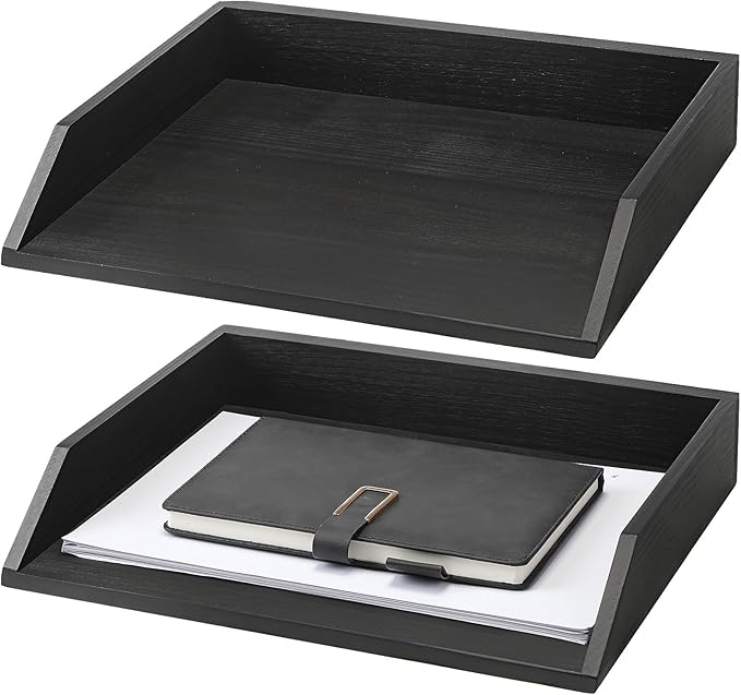 Beeveer 2 Pcs Black Wood Letter Tray Wooden Desk Paper Organizer 2 Tier Stackable Load Documents Desktop Tray Drawer File Folder Magazine Office Accessories for Home Office Back to School