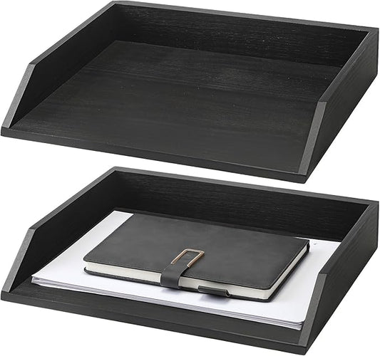 Beeveer 2 Pcs Black Wood Letter Tray Wooden Desk Paper Organizer 2 Tier Stackable Load Documents Desktop Tray Drawer File Folder Magazine Office Accessories for Home Office Back to School