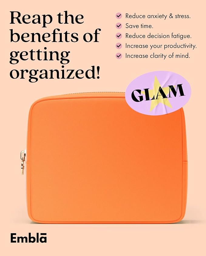 Embla Large Makeup Bag and Waterproof Nylon Travel Toiletry Bag, Large Capacity Cosmetic Zipper Pouch, Orange