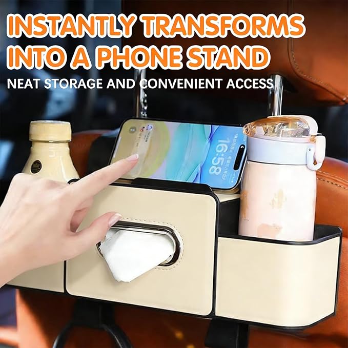UKM 3-in-1 Back Seat Car Organizer, Car Backseat Storage Box with Cup Holder, Tissue Box&Hooks, Multifunctional Waterproof Storage for Hold Phones Drinks Handbags (Black)