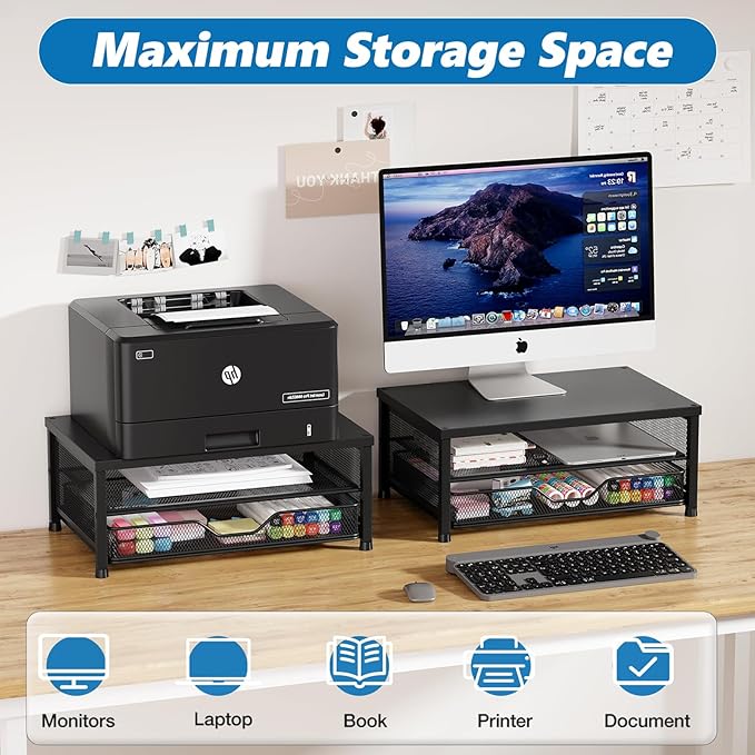 OPNICE Computer Monitor Stand Riser, Desk Organizer with Drawer, Printer & Laptop Stand, Office Desk Accessories & Workspace Desktop Organizers Storage for Office Supplies(Black 2-Pack)