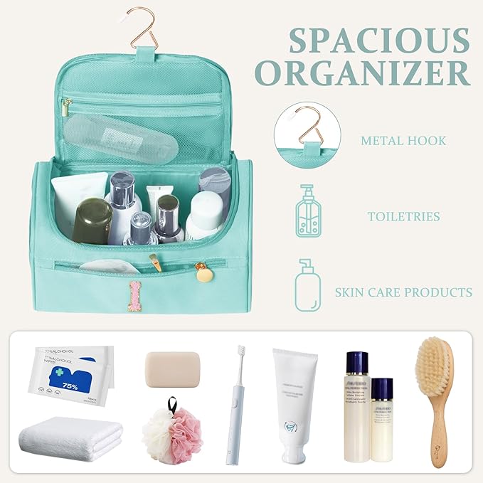 COSHAYSOO Initial Girls Hanging Travel Toiletry Bag Skincare Toiletries Bags Teen Girl Trip Gifts Favors, Summer Fall Camp Essentials for Teenage Sleepaway Sleepover Teal Letter I