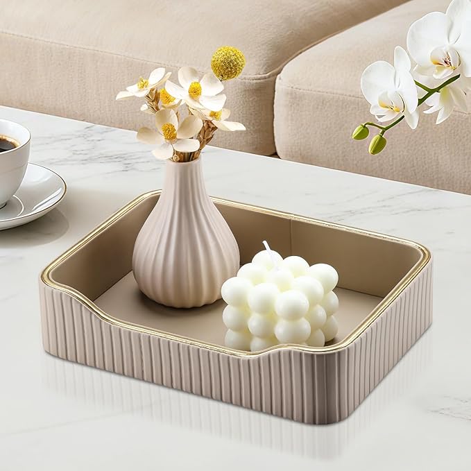 KINGFOM Prefume Tray, PU Leather Valet Tray Nightstand Organizer Trays for Men Women, Table Centerpieces Decorative Vanity Trays, Desk Organizer Tray for Key Jewelry Cosmetics (Beige)