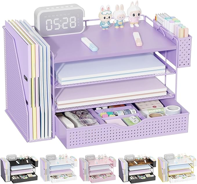 gianotter Wood Desk Organizers and Accessories with File Holder, 4-Tier Desk Accessories & Workspace Organizers with Drawer and Pen Holder, Paper Organizer for Office Supplies (Purple)
