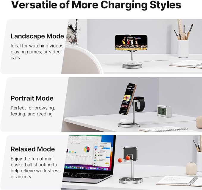 KU XIU X85 3-in-1 Wireless Charger Stand, Magnetic Charging Station for iPhone 17??2 & iPhone Air, Apple Watch S11??/SE/Ultra, AirPods 4/3/2/Pro ??Adjustable Stand, Basketball Court-Inspired Design