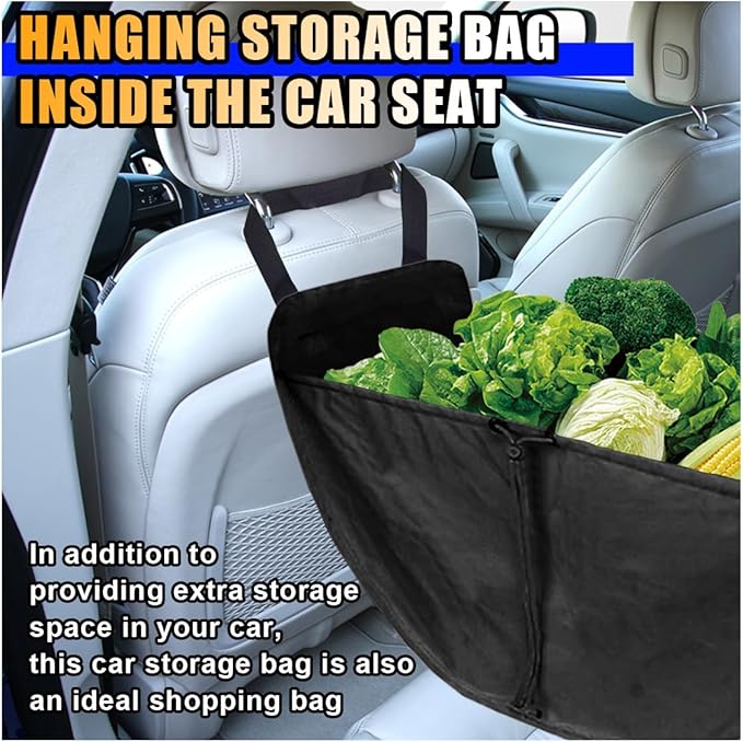 Car Seat Organizer - Large Capacity Passenger Seat Organizer, Collapsible Car Hammock Storage Bag Auto Backseat Organizer, Reusable Tote with Drawstrings, Road Trip Essentials for Adults Kids (Black)