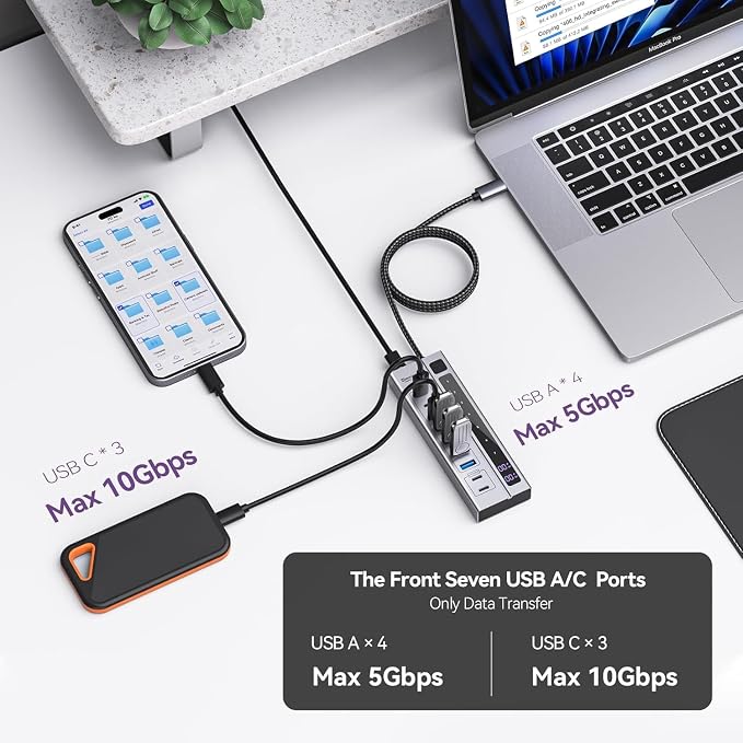 Minisopuru 9 in 1 Powered USB C Hub – Support Max 45W Charging with 65W USB-C Power Adapter, 10Gbps, USBC Hub Charging for Meta Quest Pro, Steam, iPad Pro, iPhone, Watch (Not for Monitor)