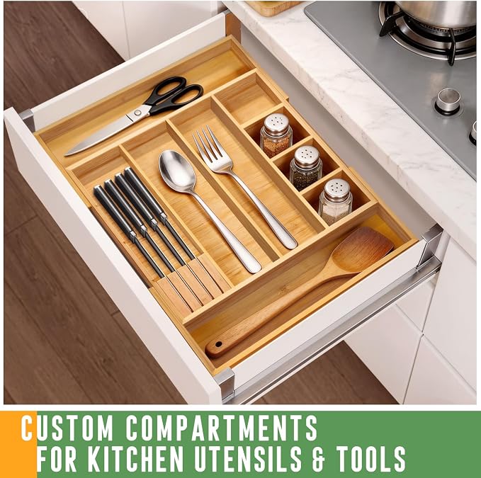 Bamboo Expandable Drawer Organizer with Removable Dividers, 15"-22" Adjustable Tray for Kitchen Utensils, Makeup & Office Storage