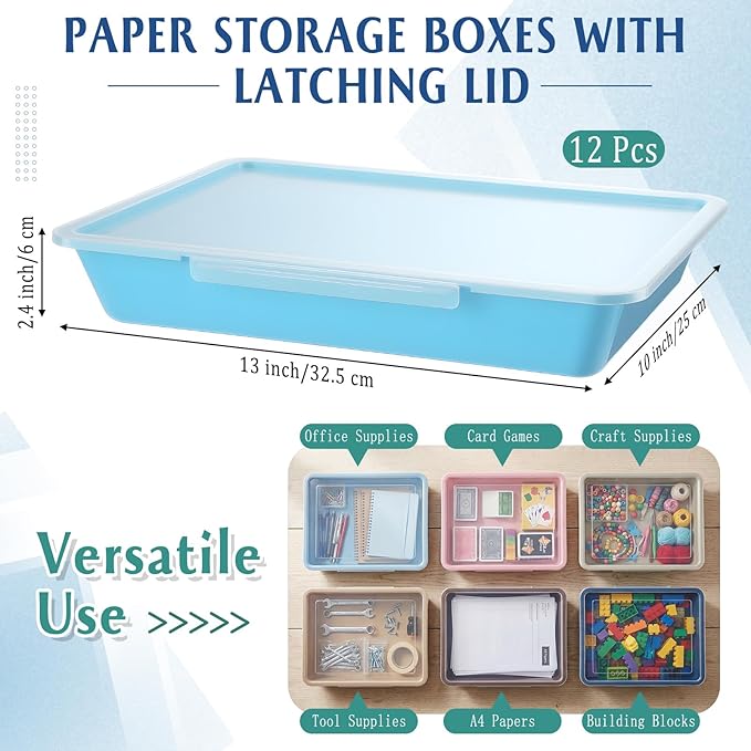 Tinlade 12 Pcs Classroom Paper Storage Bins with Clear Latching Lids Labels, Letter Size Stackable Flat Trays Container Paper Organizer for Teacher Back to School Office Arts Crafts (Morandi,13x10in)