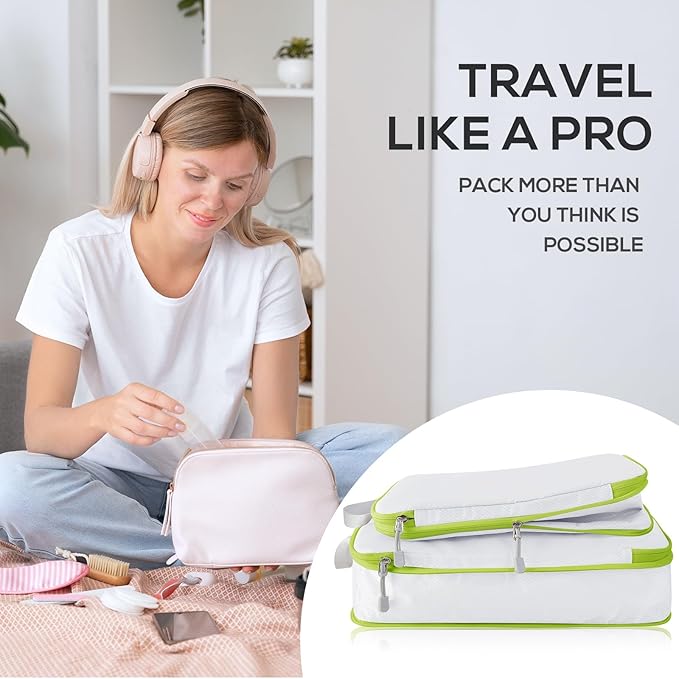 Compression Packing Cubes, 6 Set Packing Cubes for Travel Compression, Lightweight Compressible Package Organizer for Carry On and Suitcases, White and Green