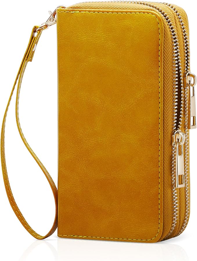 Cellphone Wallet for Women Dual Zipper Long Purse with Removable Wristlet