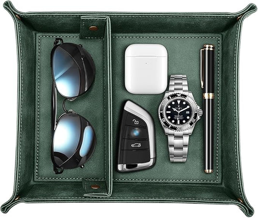 SITHON Valet Tray Desktop Storage Organizer, Removable 2 Compartments Catchall Tray Bedside Vanity Nightstand Caddy Holder Desk Storage Plate, Dark Green