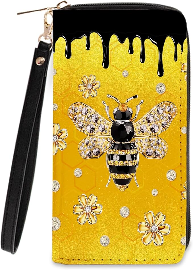 Bee-Themed Wallet for Women - Slim PU Leather Womens Wallet with Cash Zipper Coin Purse, Small Credit Card Holder Travel Wallet, Wristlet Wallets for Female Ladies Teen Girls Purse (Bee Lovers Gift)