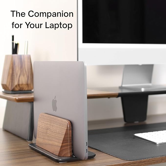 Vertical Laptop Stand, Solid Black Walnut Body & Black-Finished Ash Wood Base, Wood Laptop Holder Vertical for Desk - Adjustable Dock (0.47"-1.57" Width) Fits Most Laptops, MacBooks