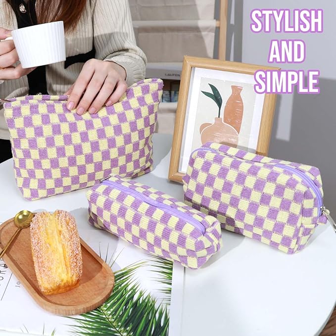 3 Pcs Makeup Bag Checkered Cosmetic Bag Large Capacity Traveling Toiletry Pounch Organizer Cute Makeup Brushes Aesthetic Accessories Storage Bag for Girls Women (Purple-White)