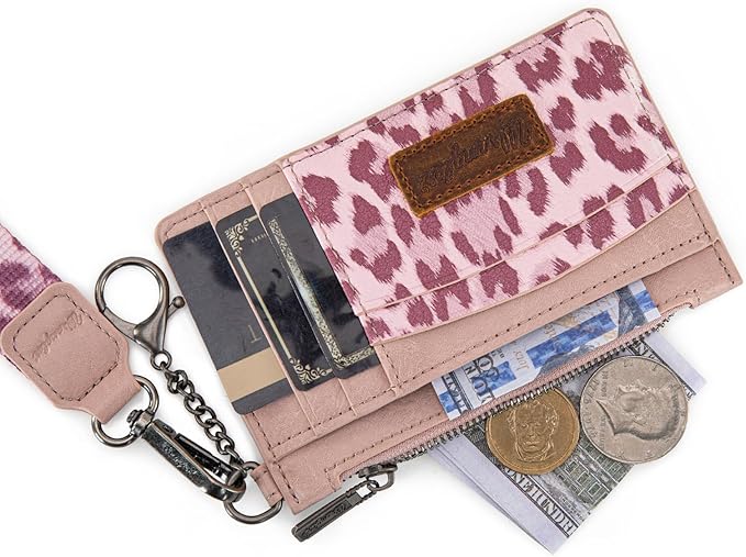 Montana West X Wrangler Credit Card Wallet Leopard Print Credit Card Holder for Women Wristlet Keychain with Wallet Small Ladies Female Wallets with Coin Purse