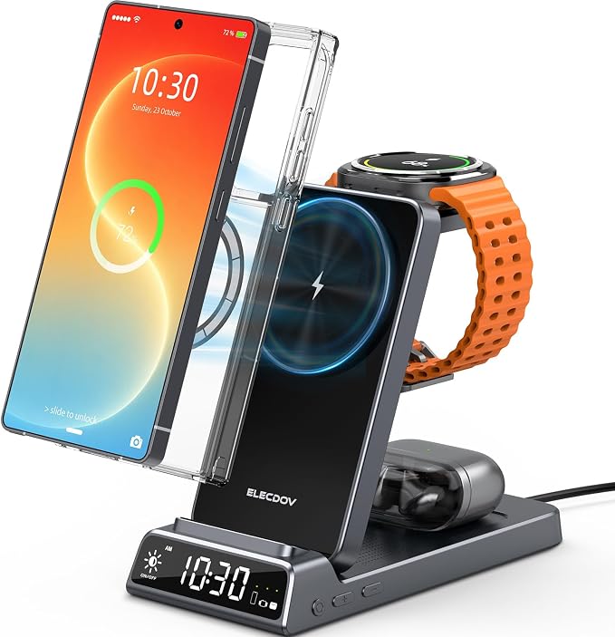 Magnetic Wireless Charger for Samsung, 3 in 1 Android Charging Station for Galaxy S26 Ultra/S25 Ultra/Z Fold/Flip, Galaxy Watch 8/8 Classic/Ultra, Buds 4, Nightstand Bedside Stand (with Adapter)