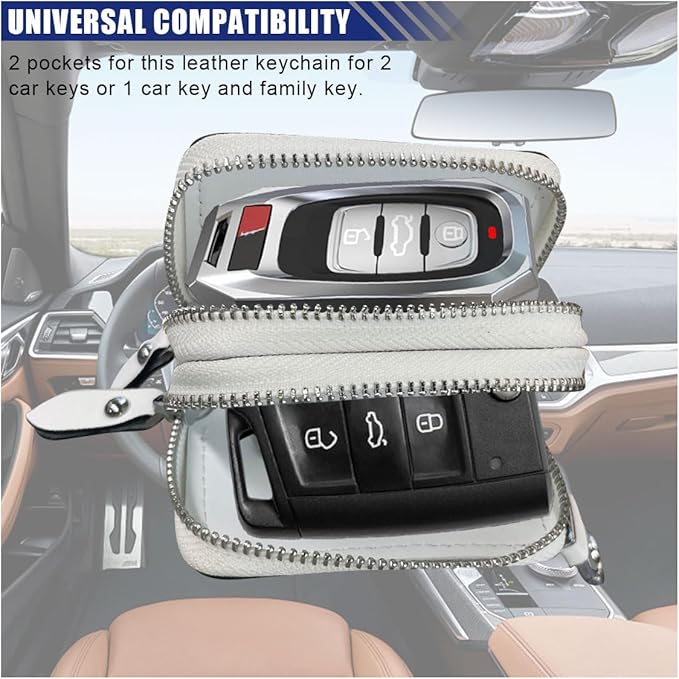 BDZMC Car Key Case, Genuine Leather Car Keychain Holder, 2 Sides Pocket Car Key Fob Zipper Bag, Car Key Case for Women Men(White)