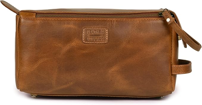 LEATHER VILLAGE Genuine Leather Travel Toiletry Bag - Water-Resistant Dopp Kit for Toiletries, Large Shaving Bag & Bathroom Organizer - Gift for Men & Women - Tan Brown