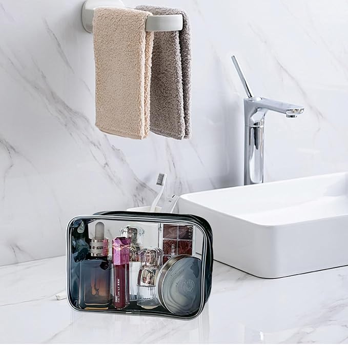 Stadium Approved Black Frame Clear Toiletry Bag TSA Approved Clear Organizer Bags Portable Travel Makeup Bags with Zipper for Women(Black)