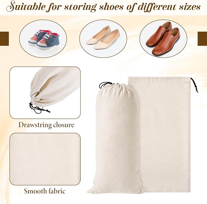 10 PCS Single Shoe Bag for Travel, Velvet Shoe Bags for Packing in Suitcase | with Drawstring Shoes Storage Bag for 5 Pairs of Shoes Dust-Proof for Traveling and Home Storage-Beige, 18×9 Inch
