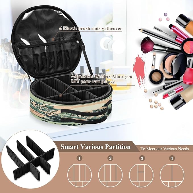 senya Round Cosmetic Pouch Travel Makeup Train Case Cat Green Makeup Organizer Bag with Adjustable Dividers Portable for Cosmetics Makeup Brushes Toiletry Jewelry Accessories
