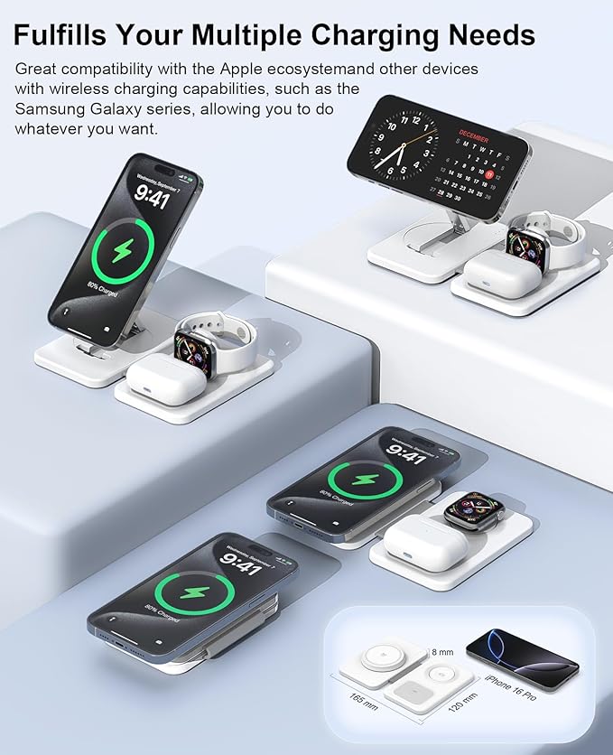 3 in 1 Magnetic Wireless Charger for Apple Multiple Devices, Foldable Fast Charging Station - Magsafe Charger Stand, Travel Charger Pad for iPhone 17 16 15 14 13 12 Series/Apple Watch/AirPods Pro