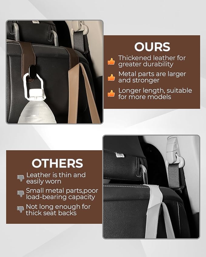 4 Pack Car Headrest Hooks, Car Seat Organizer with PU Leather & Stainless Steel Up to 44 lbs, Car Seat Back Hook for Purse/Bags