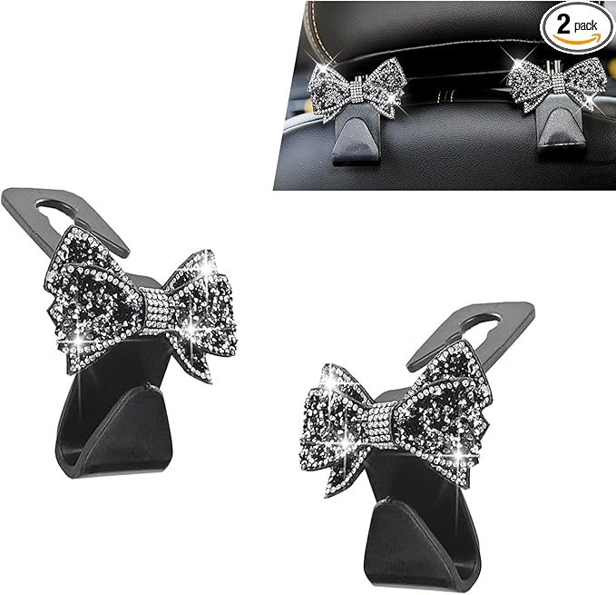 2 PCS Car Headrest Hooks, Cute Bowknot Auto Seat Back Hangers for Purses Bags Coats, Bling Rhinestone Interior Storage Organizer Hooks, Universal for Cars SUVs Trucks (Black)