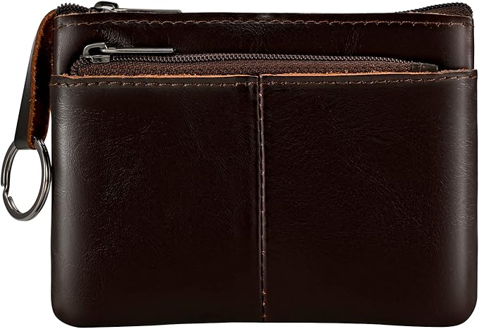 Dark Brown Genuine Leather Multi-Functional Wallet - Compact Card Holder, Coin Purse & Key Organizer with 3 Zippers, Built-in Key Ring, Perfect for Travel, Work & Daily Use