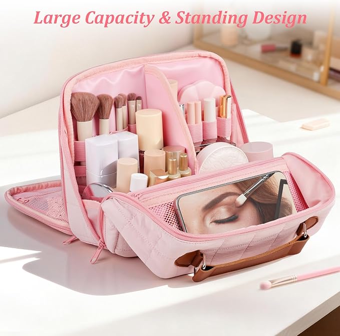 MOKURA Travel Makeup Bag for Women, Large Capacity Standing Make up Pouch, Quilted Waterproof Cosmetic Organizer with Jewelry Compartments, Portable Toiletry Case, Gifts for Women, Pink
