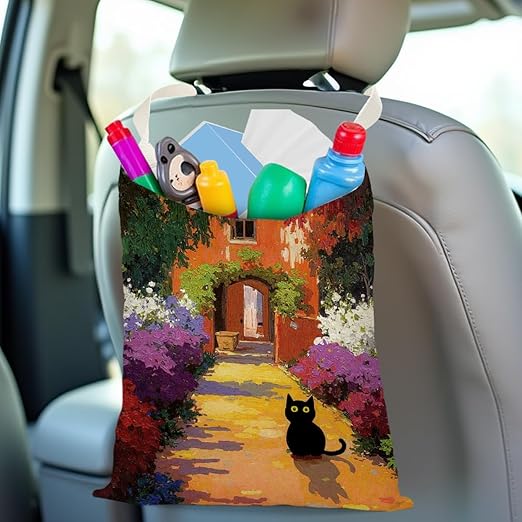 Black Cat Car Trash Bag, Car Trash Bag Hanging, Waterproof Cars Back Seat Hanging Organizer and Storage Trash Bags for Vehicle Travelling Camping Garden Cat Decor