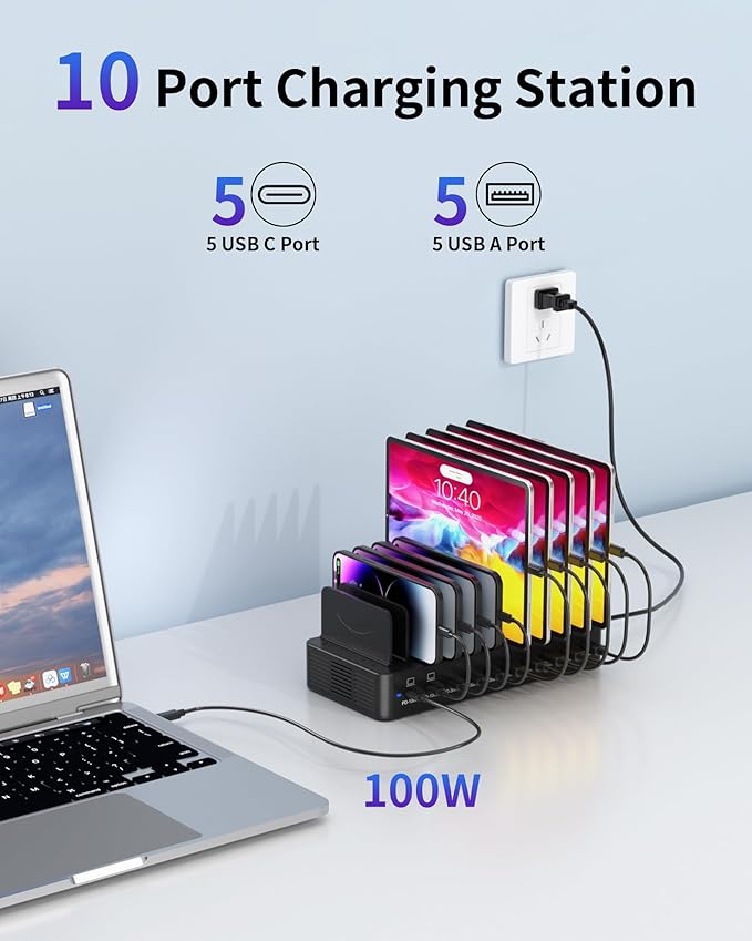 580W Charging Station for Multiple Devices, 10-Port USB C Fast Charger Station, Dual PD 100W Charging Dock with Adjustable Dividers & 6 Cables-Device Organizer for Laptop MacBook, iPhone, iPad