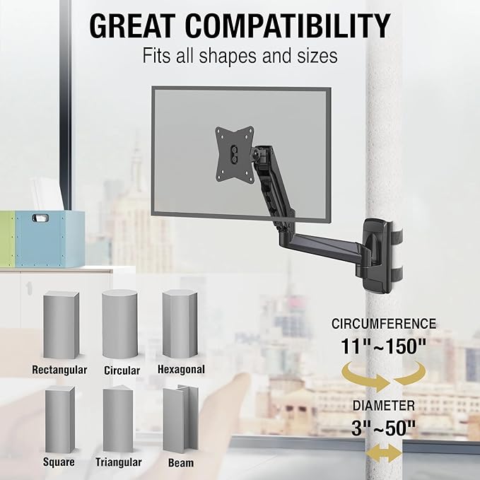 CondoMounts CLMMMAB2022 Full Motion Pillar Monitor Mount | WorkBench Monitor Mount | Pallet Rack | NO Drill | GAS Spring Arm with VESA Plate | Pillar Mount | Holds 18lbs | Up to 32-in. Monitor | Black