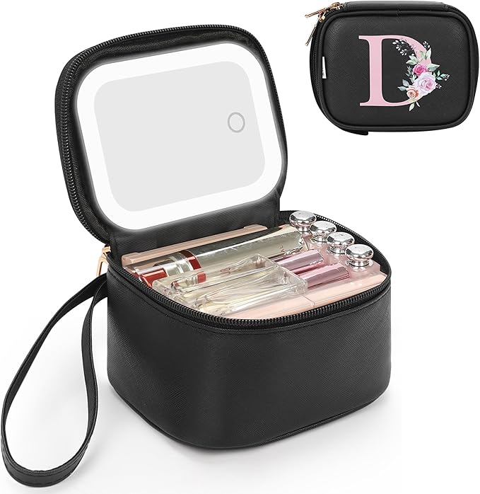 Relavel Initial Makeup Bag with Led Mirror, Mini Make Up Bag for Women Girls, Personalized Cosmetic Bag with Adjustable Brightness, Rechargeable Pink Make Up Bags Pouch for Birthday Gift - Black D