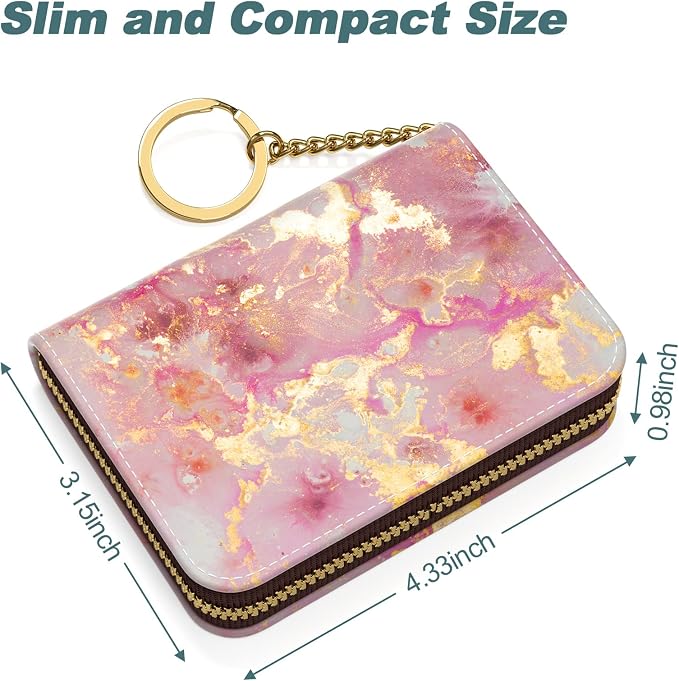 Nipichsha Credit Card Holder, Small RFID Card Wallet for Women, Slim Leather Card Holder Wallet, Credit Card Wallet Organizer, Pocket Business Card Case with Zipper & Keychain, Gold Pink Marble